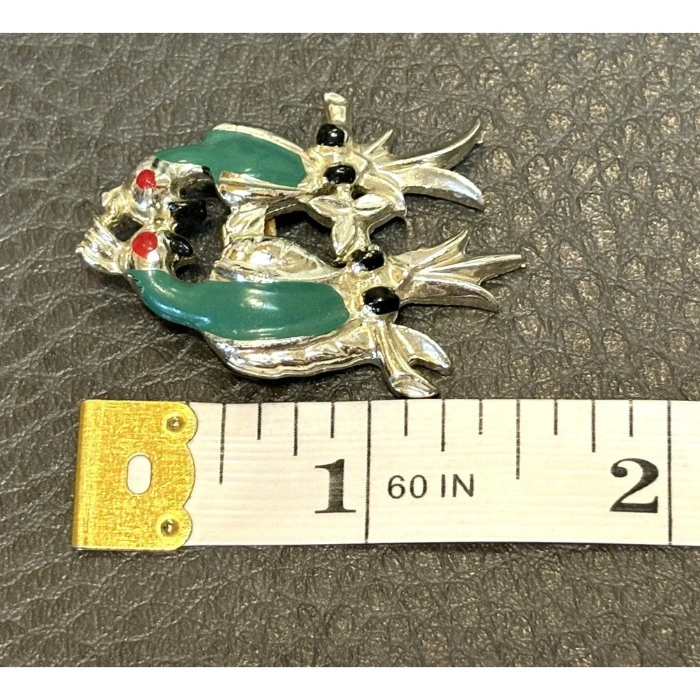 Vintage 1940s Love Birds Brooch Silver Tone Green Enamel Pin